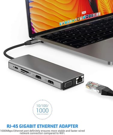 7031 Type C 12'si 1 arada USB C Hub, Çift 4K Video Çıkışı, VGA, RJ45, PD Şarj, SD/TF Kart Okuyucu, USB-A Girişi, 3.5mm Ses Girişi, Tip C Bağlantı İstasyonu