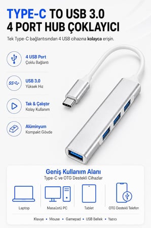 Type-c To Usb Hub 4 Port Çoklayıcı Macbook Ile Uyumlu Çoğaltıcı Type C To Usb Converter Hub