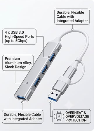 USB 3.0 Hub, 4 Portlu Alüminyum USB Çoklayıcı, Çift Giriş