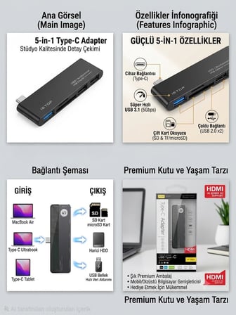 5 in 1 Type-C Hub Adaptör - USB 3.1 Süper Hızlı Veri Aktarımı, SD & MicroSD (TF) Çift Kart Okuyucu, 2 Port USB 2.0 Çoklu Dönüştürücü, MacBook, Laptop ve Tablet Uyumlu Kart Okuyucu Hub
