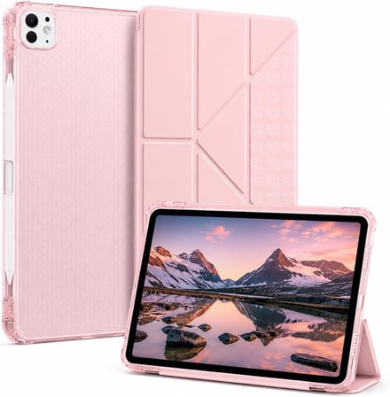 [Kalem Bölmeli] iPad 11. ve 10. Nesil Tablet Kılıfı, Soft Pembe, A16 Çipli Apple Tablet Kabı, Katlanır Kapaklı 4 Kademeli Stand, Kalem Yuvası, Şeffaf Petek Dokulu Silikon Arka