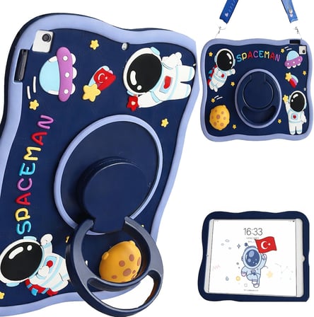 Samsung Galaxy Tab A11 Plus ile Uyumlu Kılıf 360 Derece Döner Stand Yatay Dikey Kullanılabilir, Kawaii Askılı Tasarım Kalem Yuvası Özellikli Sevimli Space-Man Tasarımı