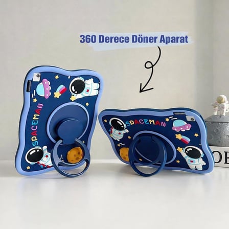 Samsung Galaxy Tab A11 Plus ile Uyumlu Kılıf 360 Derece Döner Stand Yatay Dikey Kullanılabilir, Kawaii Askılı Tasarım Kalem Yuvası Özellikli Sevimli Space-Man Tasarımı