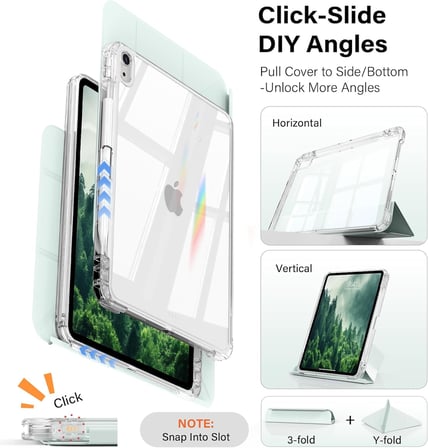 iPad (A16) 11./10. Nesil 8+ Görüş Açısına Sahip Kılıf, Kendin Yap Çıkarılabilir Sürgülü Kapak, Tamamen Şeffaf Sert Arka Kabuk, Katı Y-Katlanır Stand, iPad 10,9 inç (2022)/ 11" (2025)-Yeşil-1