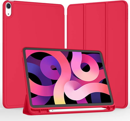 iPad Air 11 İnç Kılıf M3(2025) / M2 (2024), iPad Air 5. / 4. Nesil Kılıf 2022/2020 10,9 İnç Kalem Tutuculu, Yumuşak TPU Arka Kısımlı Üç Katlı Akıllı Kılıf (Kırmızı)