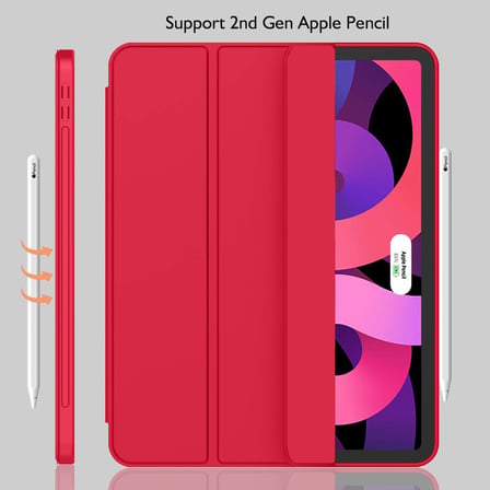 iPad Air 11 İnç Kılıf M3(2025) / M2 (2024), iPad Air 5. / 4. Nesil Kılıf 2022/2020 10,9 İnç Kalem Tutuculu, Yumuşak TPU Arka Kısımlı Üç Katlı Akıllı Kılıf (Kırmızı)