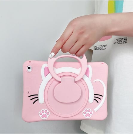 Covpor Standlı Askılı Karakterli Kedi Çocuk Kılıfı - Pembe Pembe Samsung Galaxy Tab S6 Lite P610 P620 ile uyumlu