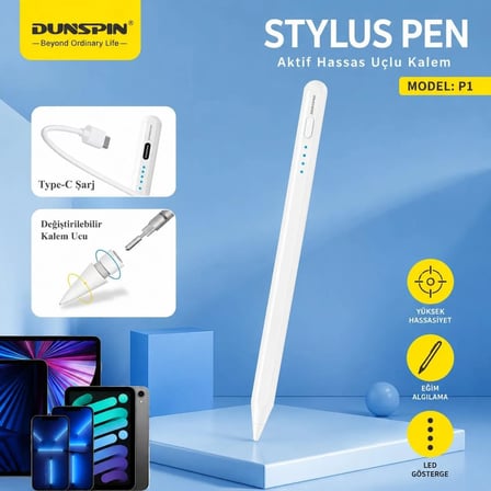 P1 Şarjlı Dokunmatik Universal Tablet Kalemi - iOS, Android & Windows Uyumlu Type-C Hızlı Şarjlı Çizim ve Not Kalemi