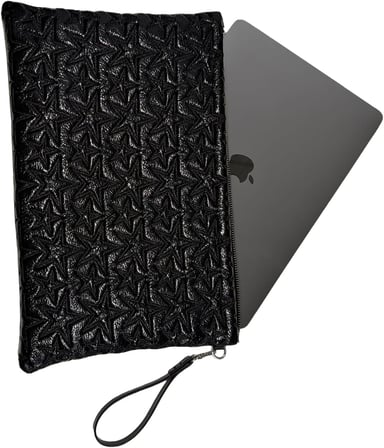 Yıldız Desenli Siyah Parlak Bilgisayar Tablet Çantası Çıkarılabilir Bileklik Askılı 39 × 25 cm