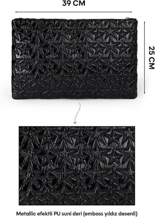 Yıldız Desenli Siyah Parlak Bilgisayar Tablet Çantası Çıkarılabilir Bileklik Askılı 39 × 25 cm