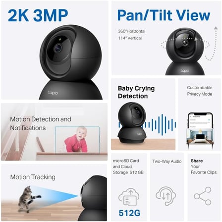 Tapo C211 2K 3MP Yatay ve Dikey Ev Güvenliği Wi-Fi Kamerası, Gece Görüşü, IP66 Su Geçirmez, Siyah Renk + 64GB Kioxia MicroSD Bellek