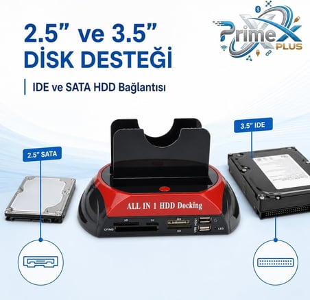 PrimeX PX-385 Harici USB 2.0 2.5/3.5 IDE + SATA HDD Docking, Kart Okuyuculu Harddisk Okuma Adaptörü, Eski IDE SATA Disk Veri Aktarım Çevirici, PC Laptop Teknik Servis İçin Harici Disk Bağlantı Aparatı