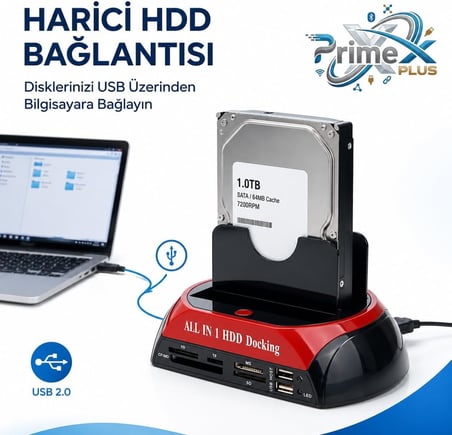 PrimeX PX-385 Harici USB 2.0 2.5/3.5 IDE + SATA HDD Docking, Kart Okuyuculu Harddisk Okuma Adaptörü, Eski IDE SATA Disk Veri Aktarım Çevirici, PC Laptop Teknik Servis İçin Harici Disk Bağlantı Aparatı