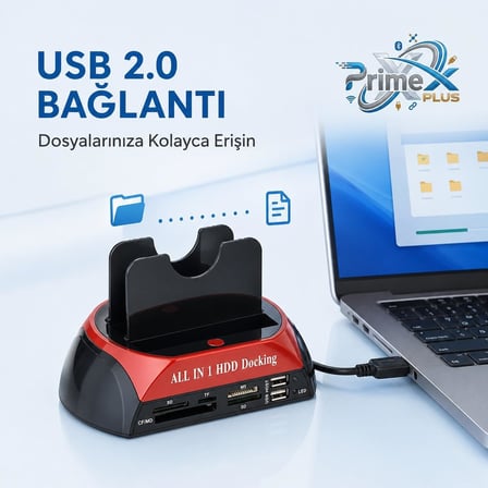 PrimeX PX-385 Harici USB 2.0 2.5/3.5 IDE + SATA HDD Docking, Kart Okuyuculu Harddisk Okuma Adaptörü, Eski IDE SATA Disk Veri Aktarım Çevirici, PC Laptop Teknik Servis İçin Harici Disk Bağlantı Aparatı