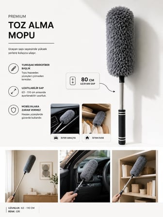 Krafz Home Kaliteli Teleskopik Uzatılabilir Mikrofiber Yumuşak Başlıklı Toz Alma Fırçası, Püskülü Bükülebilir Dip Köşe Başlık, Boşluk Temizleme Ve Almak İ̇Çin Uzayabilir Fırça