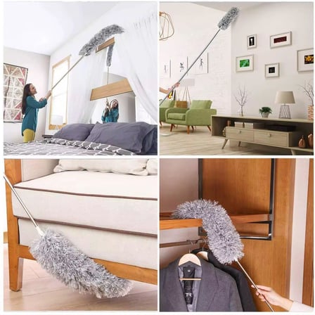 3 Başlıklı Teleskopik Mikrofiber Toz Alma Seti - 205 cm Uzayan Saplı, Esnek Bükülebilir Tavan ve Ulaşılması Zor Alan Temizlik Aparatı (Püskül, Makarna, Düz Başlık)