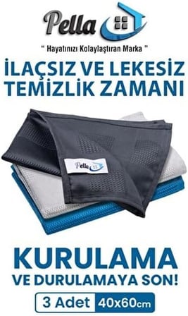 Pella- Orijinal Pella- Mikrofiber Temizlik Bezi 2x(3'LÜ PAKET) Toplam 6 Adet(MAVİ,GRİ,FÜME)