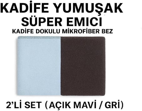 Velvet Soft Süper Emici Kadife Doku Mikrofiber Bez 2'li Set Açık Mavi - Gri 40x40 cm
