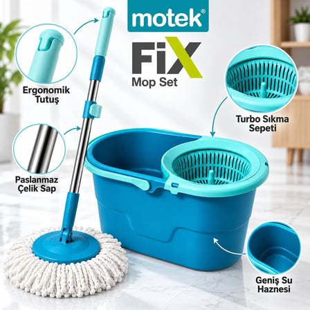 Fix Mop Set Pratik Temizlik Seti Sıkma Sistemli Döner Başlıklı
