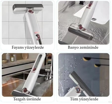 Sıkmalı Mini Mop, Beyaz ve Kırmızı, Kompakt Temizlik Aparatı, Cam Fayans Tezgah Banyo için, Tek Elle Kullanım, Ergonomik Tasarım