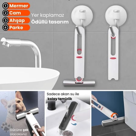 Sıkmalı Mini Mop, Beyaz ve Kırmızı, Kompakt Temizlik Aparatı, Cam Fayans Tezgah Banyo için, Tek Elle Kullanım, Ergonomik Tasarım