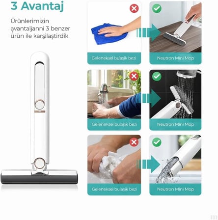 Sıkmalı Mini Mop, Beyaz ve Kırmızı, Kompakt Temizlik Aparatı, Cam Fayans Tezgah Banyo için, Tek Elle Kullanım, Ergonomik Tasarım