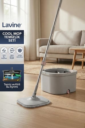 Cool Mop Temiz ve Kirli Su Ayıran Otomatik Temizlik Seti - Su Tahliyeli, Paslanmaz Çelik Saplı Mikrofiber Kare Paspas