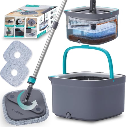 True Clean Paspas ve Kova Sistemi, Kare Döndürmeli Paspas, Çift Bölmeli Paspas Kovası ve 2 Kalın Makinede Yıkanabilir Paspas Pedleri (Spin Mop) içerir