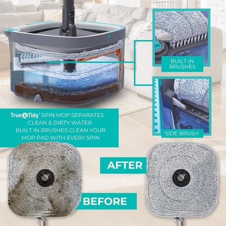 True Clean Paspas ve Kova Sistemi, Kare Döndürmeli Paspas, Çift Bölmeli Paspas Kovası ve 2 Kalın Makinede Yıkanabilir Paspas Pedleri (Spin Mop) içerir