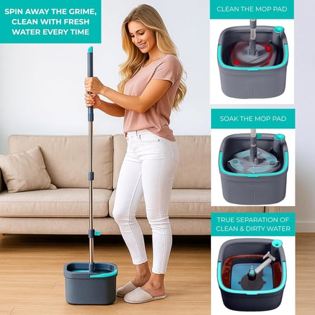 True Clean Paspas ve Kova Sistemi, Kare Döndürmeli Paspas, Çift Bölmeli Paspas Kovası ve 2 Kalın Makinede Yıkanabilir Paspas Pedleri (Spin Mop) içerir