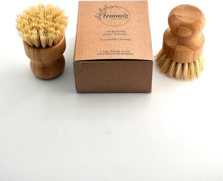 2'li Küçük Bulaşık Fırçası, Ergonomik Bambu Tutma Kısmı, Sisal Lifi Fırça, Güçlü Sürdürülebilir Doğal Temizlik