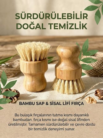 2'li Küçük Bulaşık Fırçası, Ergonomik Bambu Tutma Kısmı, Sisal Lifi Fırça, Güçlü Sürdürülebilir Doğal Temizlik