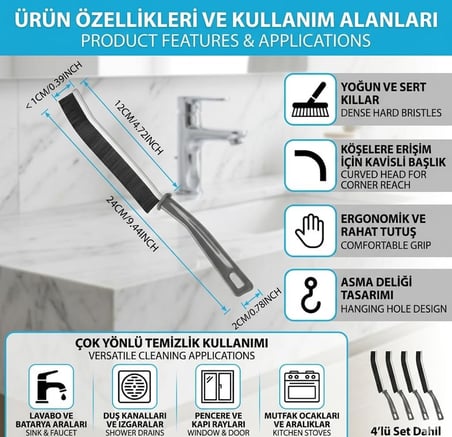 4 Adet Dar Alan Temizleme Fırçası Seti - Kavisli Derz ve Boşluk Fırçası - Mutfak, Banyo ve Pencere Rayları İçin Sert Kıllı Fırça