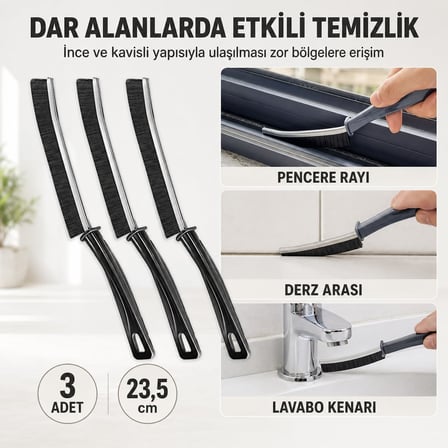 3 Adet Çok Amaçlı İnce Temizlik Fırçası, 23,5 cm Derz Arası, Pencere Rayı, Banyo, Mutfak ve Lavabo Detay Temizleme Fırçası