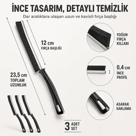 3 Adet Çok Amaçlı İnce Temizlik Fırçası, 23,5 cm Derz Arası, Pencere Rayı, Banyo, Mutfak ve Lavabo Detay Temizleme Fırçası