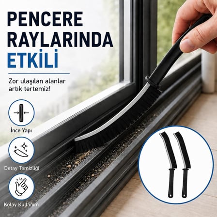 Dar Alan Temizleme Fırçası - 2 Adet Siyah İnce Uçlu Sert Kıllı Derz Fırçası - Pencere Rayı Lavabo Musluk Klima Filtre Klavye Kapı Kanalı Banyo Mutfak Temizlik Seti