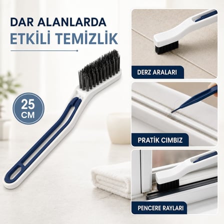 2’si 1 Arada Derz ve Oluk Temizleme Fırçası, Plastik Cımbızlı Sert PET Kıllı Fayans, Banyo, Mutfak, Pencere Rayı Detay Fırçası