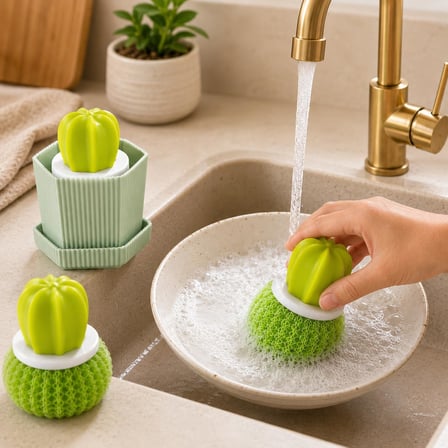 Kaktüs Tasarımlı Standlı Bulaşık Fırçası, Lavabo Tezgâh ve Mutfak Temizleme Ovalama Fırçası, Yeşil, 1 Adet