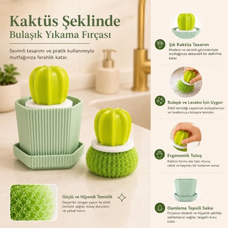 Kaktüs Tasarımlı Standlı Bulaşık Fırçası, Lavabo Tezgâh ve Mutfak Temizleme Ovalama Fırçası, Yeşil, 1 Adet