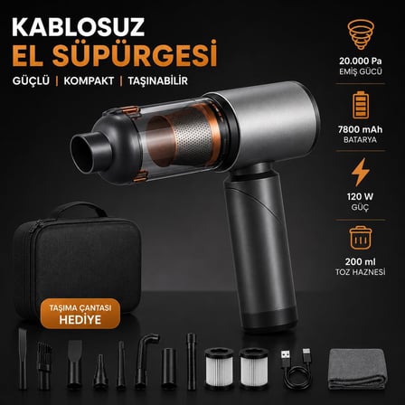 20.000 Pa Kablosuz El Süpürgesi – 120W Güç, 7800 mAh Batarya, 200 ml Toz Haznesi, 8 Başlıklı, Taşıma Çantalı Mini Araç & Ev Süpürgesi (GRİ)