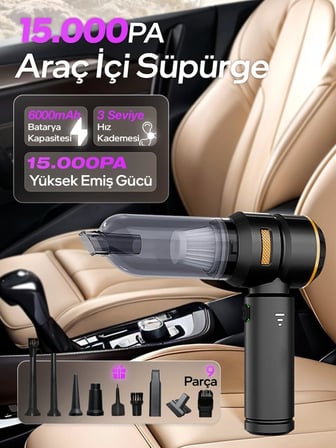 Güçlü Vakumlu Oto Süpürgesi Elektrik Süpürgesi Şarjlı El Süpürgesi Çok Fonksiyonlu 3 Kademeli Araba Süpürgesi 15000PA Auhma Araç Süpürgesi