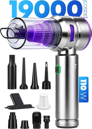 VENENON® Kablosuz Araç Süpürgesi ve Hava Üfleyici, 19000Pa Güçlü Vakum, 3 Kademeli Fırçasız Motor, Şarjlı Mini El Süpürgesi, HEPA Filtreli, Araba Ev Ofis İçin Uzub Kullanım Şarj Süresi 110Wt Çantalı