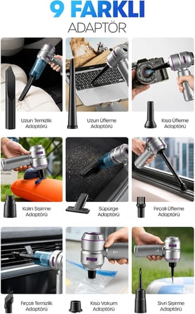 VENENON® Kablosuz Araç Süpürgesi ve Hava Üfleyici, 19000Pa Güçlü Vakum, 3 Kademeli Fırçasız Motor, Şarjlı Mini El Süpürgesi, HEPA Filtreli, Araba Ev Ofis İçin Uzub Kullanım Şarj Süresi 110Wt Çantalı