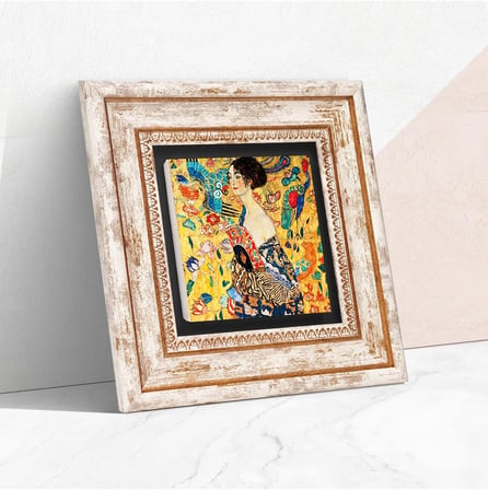 Gustav Klimt Yelpazeli Kadın Taş Duvar Tablosu - Çerçeveli Taş Tablo - Dekoratif Duvar Sanatı - Modern Ev ve Ofis Duvar Dekoru T1-275