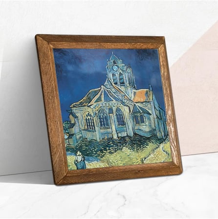 Pinecone Vincent van Gogh Auvers'deki Kilise Taş Duvar Tablosu - Ahşap Çerçeveli Taş Tablo - 25x25 cm - Dekoratif Duvar Sanatı - Modern Ev ve Ofis Duvar Dekoru W1-289