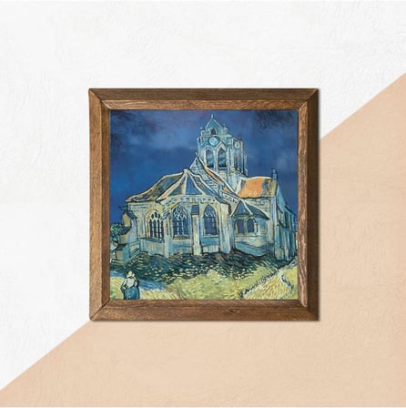 Pinecone Vincent van Gogh Auvers'deki Kilise Taş Duvar Tablosu - Ahşap Çerçeveli Taş Tablo - 25x25 cm - Dekoratif Duvar Sanatı - Modern Ev ve Ofis Duvar Dekoru W1-289