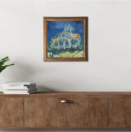 Pinecone Vincent van Gogh Auvers'deki Kilise Taş Duvar Tablosu - Ahşap Çerçeveli Taş Tablo - 25x25 cm - Dekoratif Duvar Sanatı - Modern Ev ve Ofis Duvar Dekoru W1-289