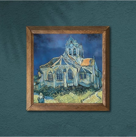 Pinecone Vincent van Gogh Auvers'deki Kilise Taş Duvar Tablosu - Ahşap Çerçeveli Taş Tablo - 25x25 cm - Dekoratif Duvar Sanatı - Modern Ev ve Ofis Duvar Dekoru W1-289