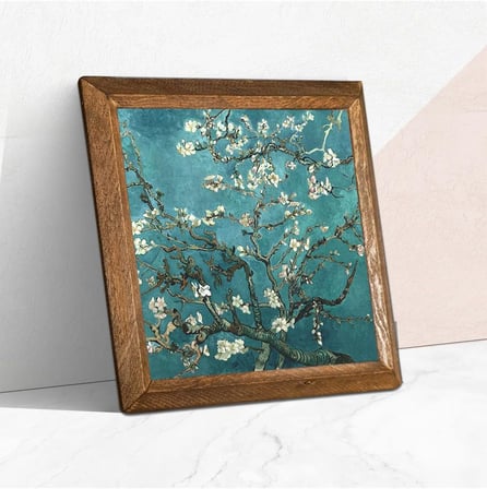 Pinecone Vincent van Gogh Badem Ağacı Taş Duvar Tablosu - Ahşap Çerçeveli Taş Tablo - 25x25 cm - Dekoratif Duvar Sanatı - Modern Ev ve Ofis Duvar Dekoru W1-64