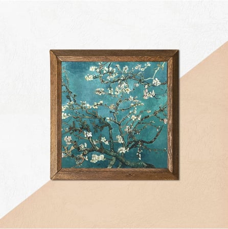 Pinecone Vincent van Gogh Badem Ağacı Taş Duvar Tablosu - Ahşap Çerçeveli Taş Tablo - 25x25 cm - Dekoratif Duvar Sanatı - Modern Ev ve Ofis Duvar Dekoru W1-64